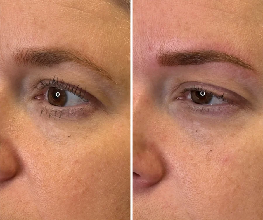 Before and after of a brow tattoo by Kreative Beauty: sparse brows transformed into soft, defined, natural-looking brows
