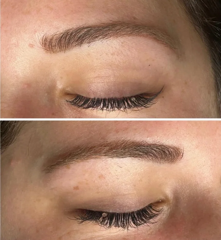 Before and after close-up of a natural brow tattoo by Kreative Beauty
