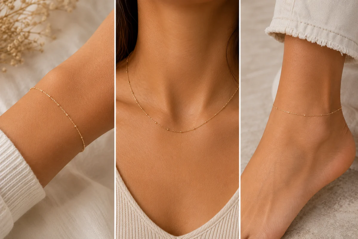 Permanent jewelry by Kreative Beauty shown as a bracelet, a necklace and an anklet