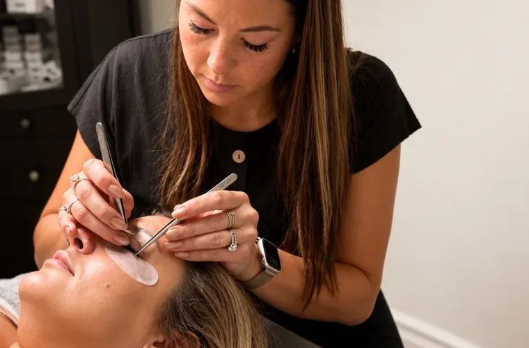 Shannon applying lash extensions at Kreative Beauty