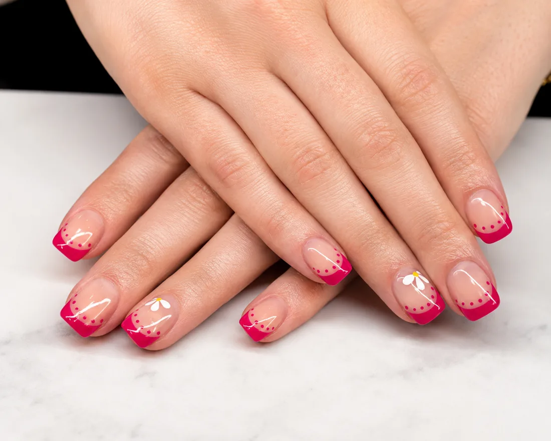 Pink French gel nails with gold accents