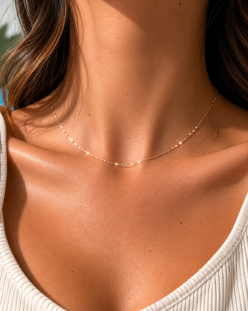A finished dainty gold permanent necklace by Kreative Beauty